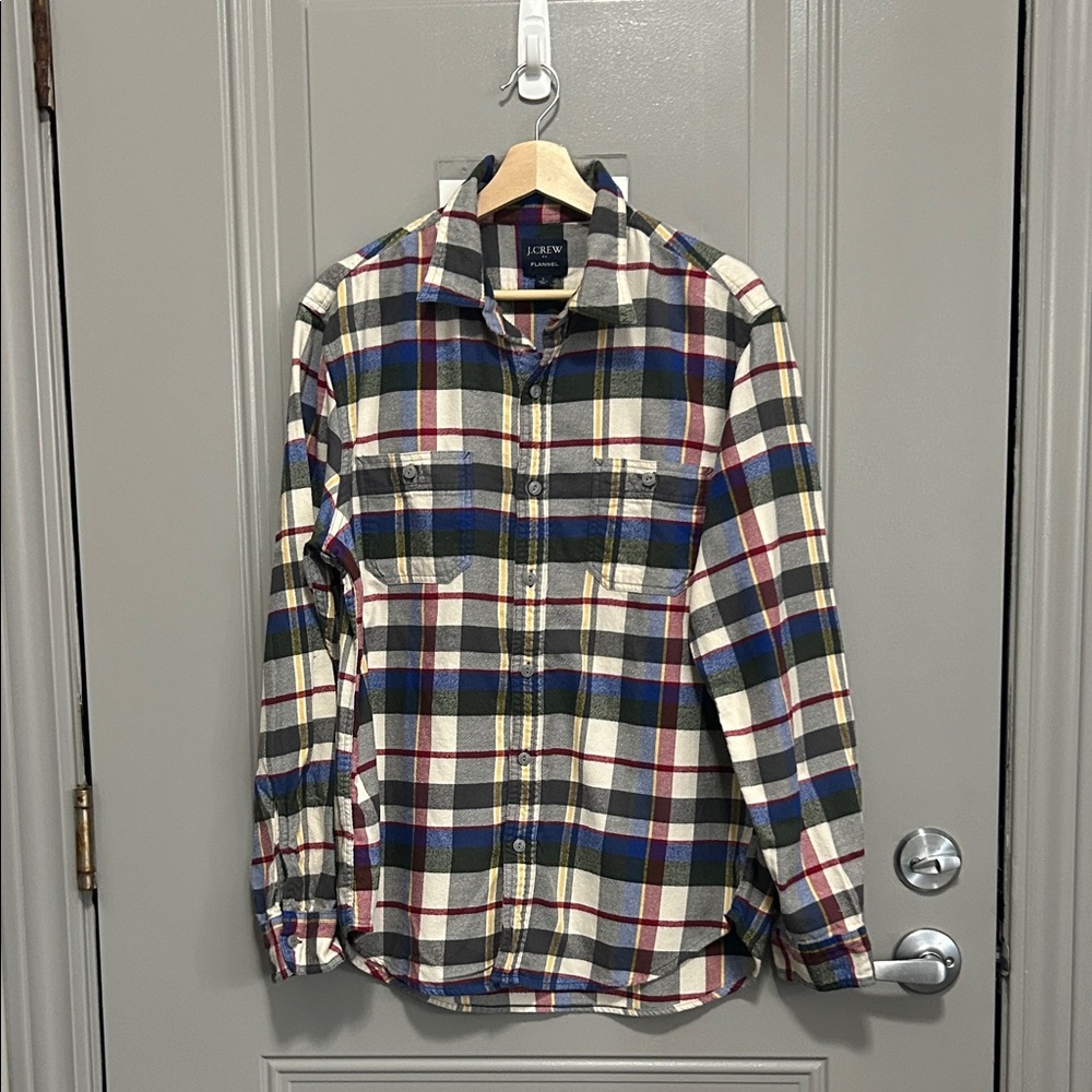 J. Crew Men's Flannel - Cream and Gray Multicolor